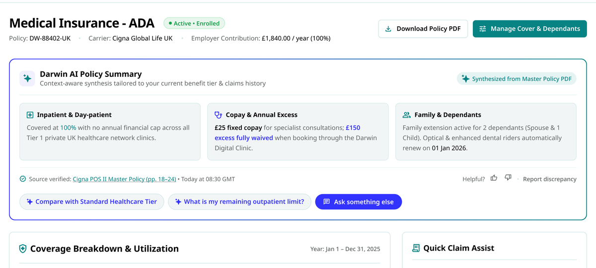 Darwin benefit page with a grounded AI policy summary, verified source and follow-up actions