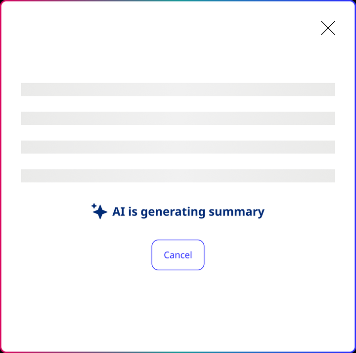 AI summary generation state with progress skeletons and a cancel action