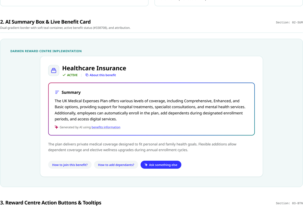 Focused design-system section showing a reusable AI summary component inside a live benefit card
