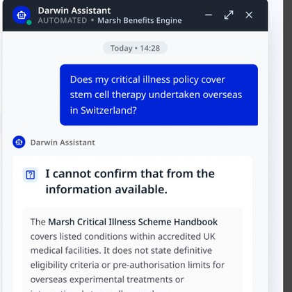 Focused Darwin assistant response that clearly states it cannot confirm the answer and explains what the available evidence does and does not cover