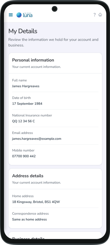 Responsive Luna account details showing personal, address and business information