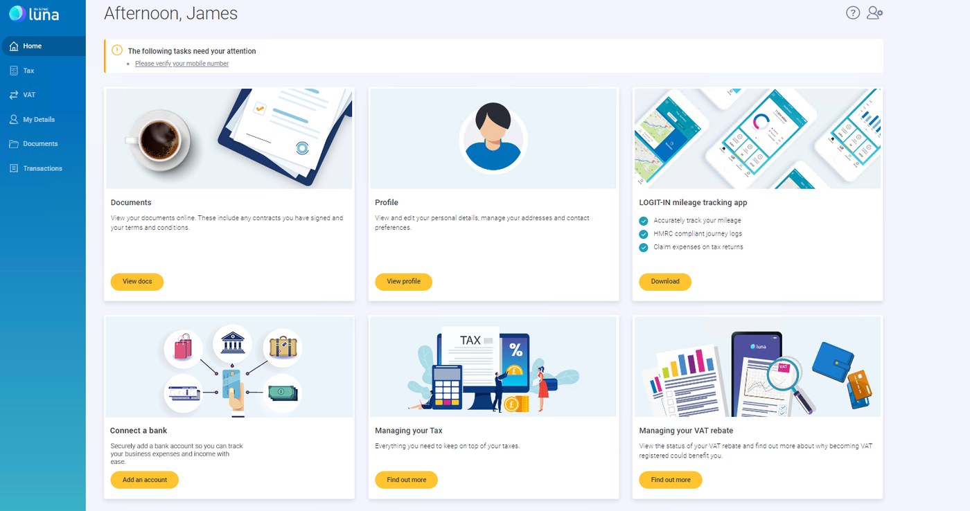 Luna dashboard showing documents, profile, mileage, banking, tax and VAT services