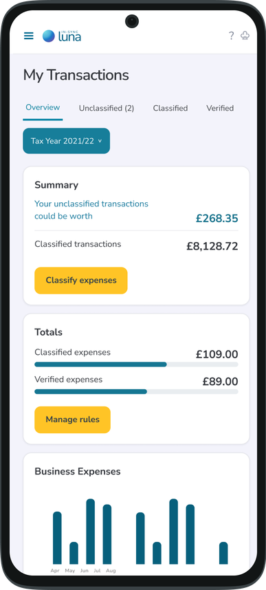 Responsive Luna transactions overview with classification actions and totals