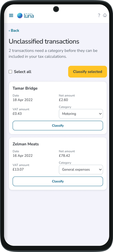 Responsive Luna screen for classifying two uncategorised transactions