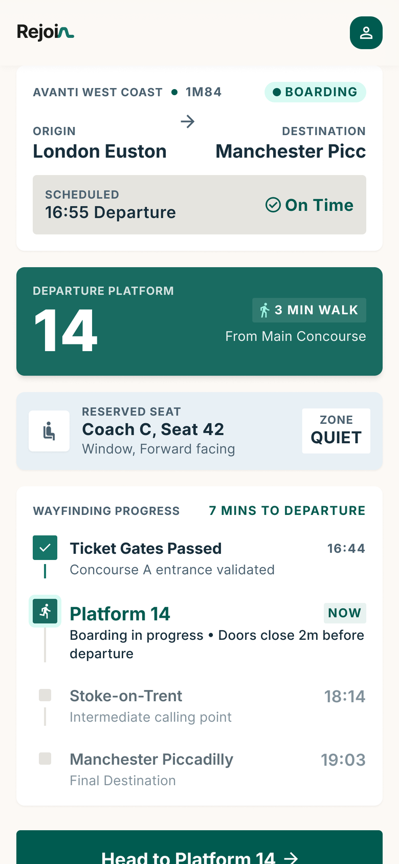 Active Rejoin journey with platform and wayfinding information