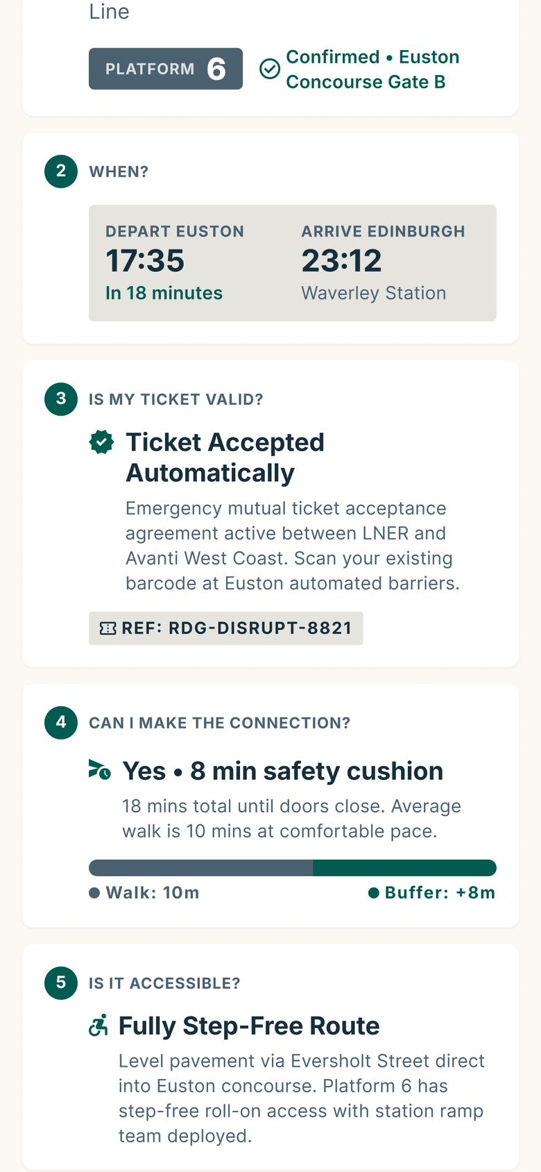 Focused Rejoin route detail showing timing, ticket acceptance, connection buffer and step-free access