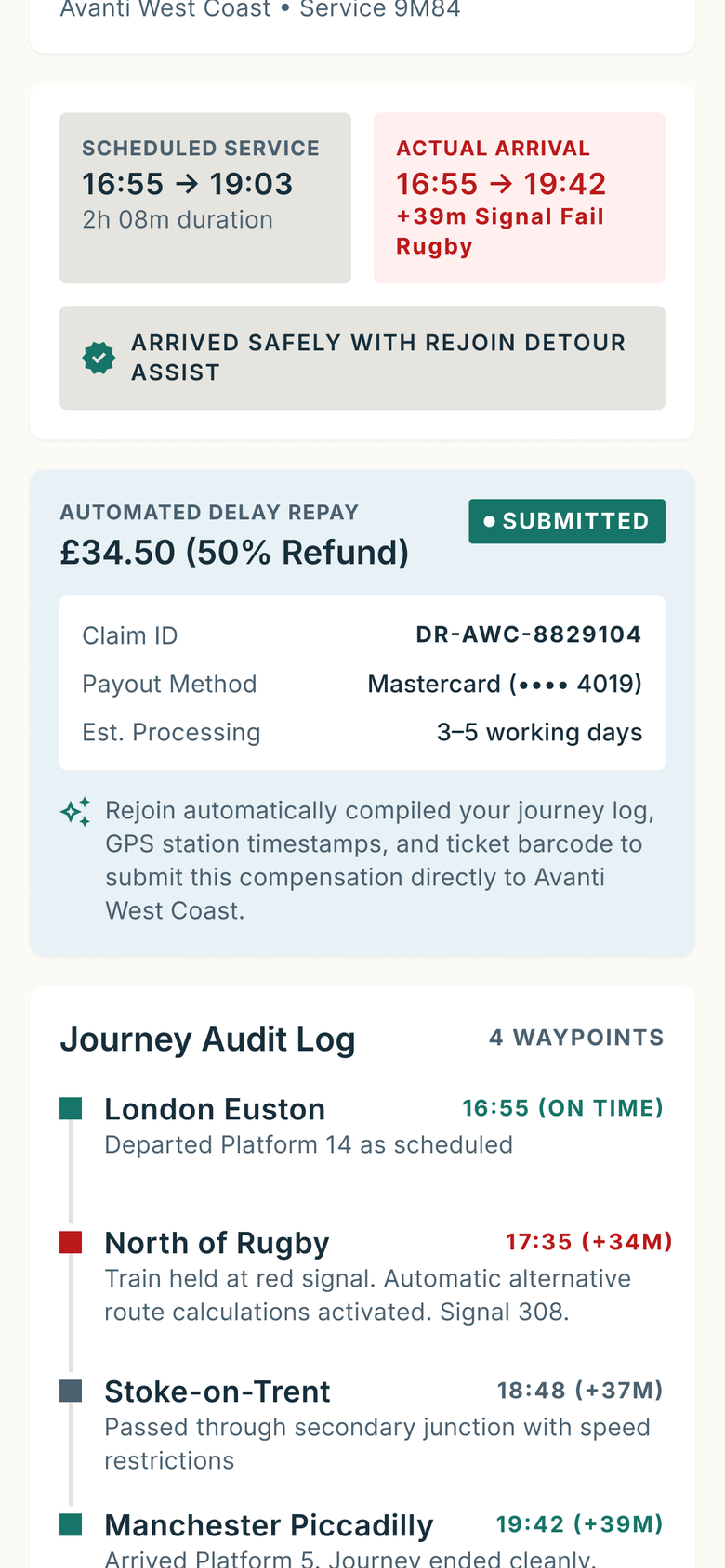 Completed Rejoin journey comparing planned and actual arrival, with Delay Repay and an audit log