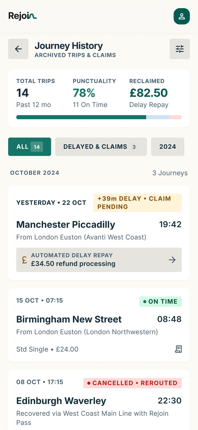 Rejoin journey history with punctuality and reclaimed compensation summaries